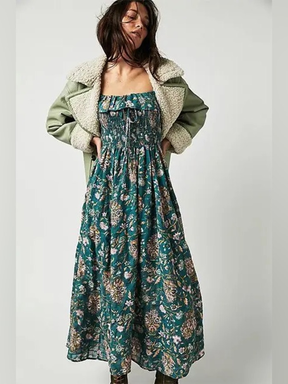 Free People Oasis Floral Midi Dress Jade Green Size Small Boho Western - Picture 6 of 17